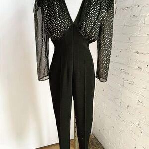 Vintage Black Metallic Jumpsuit-Sheer Sleeves, Sculpted Waist